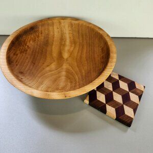 Vintage Wooden Dough Bowl & Small Checkerboard Wood Board